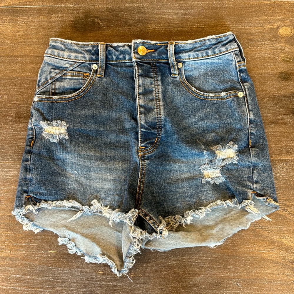 Free People We the Free Distressed High Waisted Denim Jean Shorts size 27 CRVY